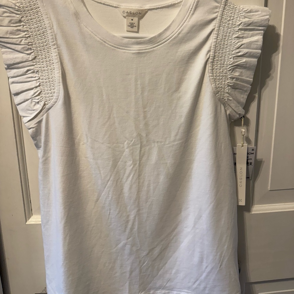 NWT Caslon White Smocked Ruffle T-Shirt